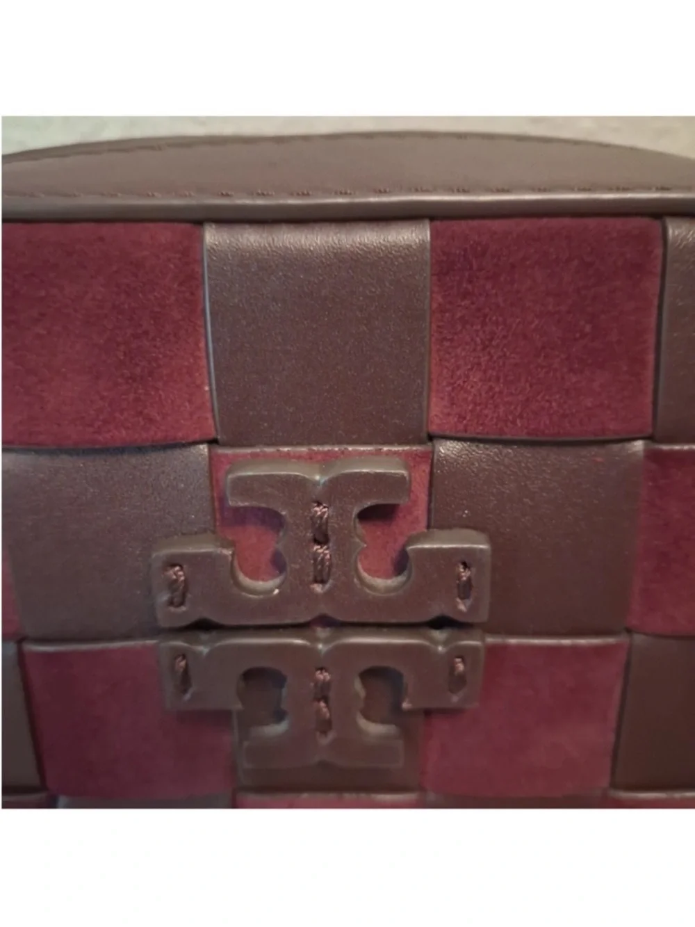 Tory Burch Burgundy and Brown Woven Leather Crossbody with Tassel